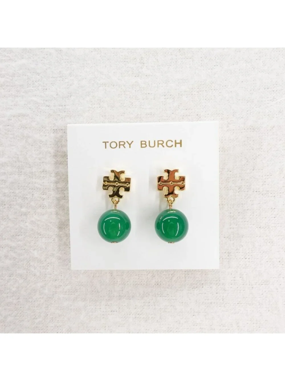 Tory Burch Faux Pearl Logo Drop Earrings Gold & Green OS